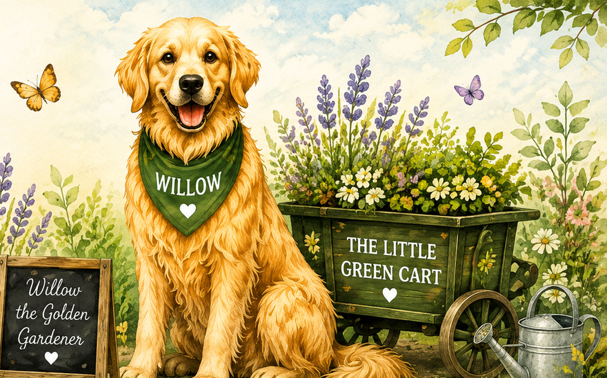 Illustration of Willow the Golden Gardener beside The Little Green Cart filled with flowers